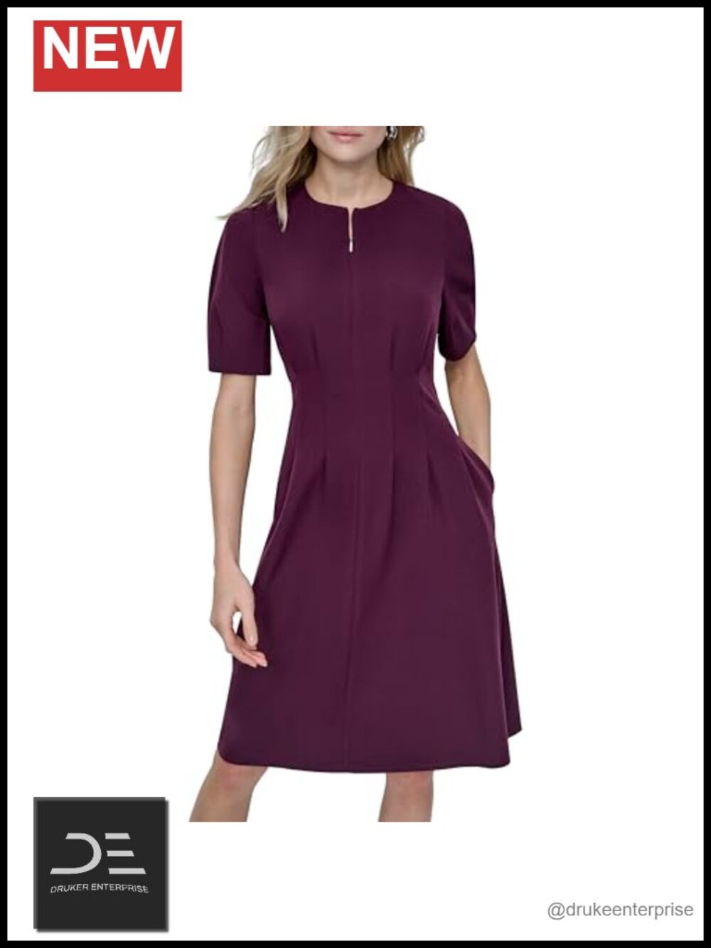DKNY Women's Short Puff Sleeve Jewel Neck Knee Length Two Slit Pocket Zipper